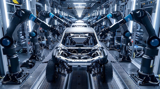 Автоматические роботы собирают машину на заводе
