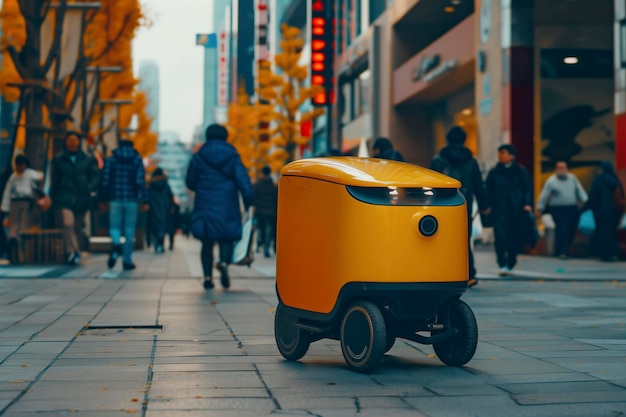 自動運転のロボット車が通りを走り食料や荷物を配達します