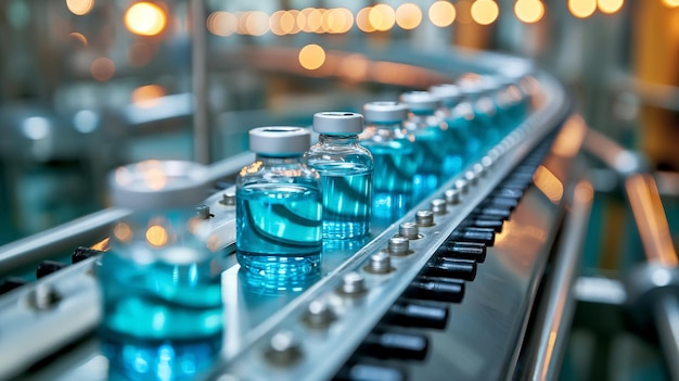 Foto bottiglie di fiale robotizzate automatiche con farmaci o vaccini linea impianto di produzione farmaceutica