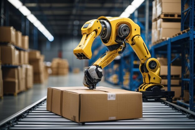Foto braccio robotico automatizzato in un'azienda di consegna di pacchi