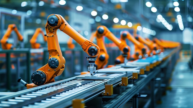 Automated robotic arms assembling products in a hightech factory