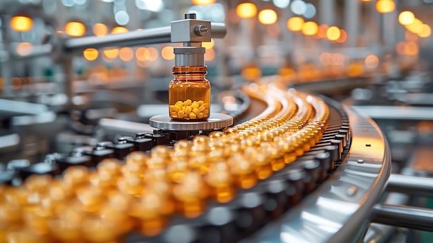 Automated Robotic tablets Line Pharmaceutical production plant indoors