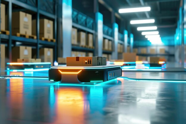 Photo automated robots deliver goods in retail warehouses