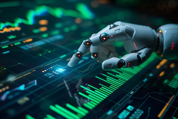 automated stock trading using a robot that utilizes artificial intelligence and neural networks on a phone app with the robot pointing at candlestick charts on the screen