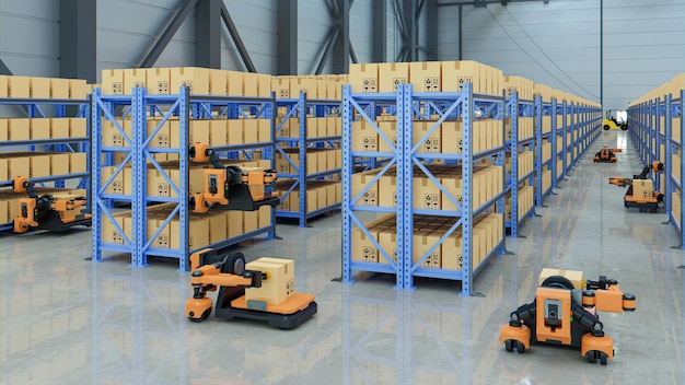 Automated warehouse AGV robots with delivering.3d rendering