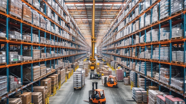 Photo automated warehouse with forklifts and high shelves full of goods