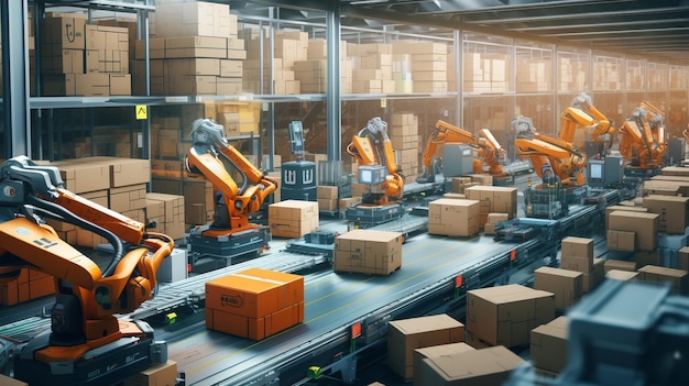 Photo an automated warehouse with robots sorting background