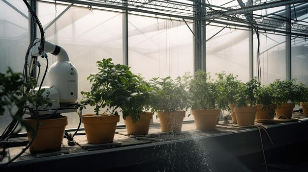 Automatic agricultural technology robot arm watering plants in the greenhouse