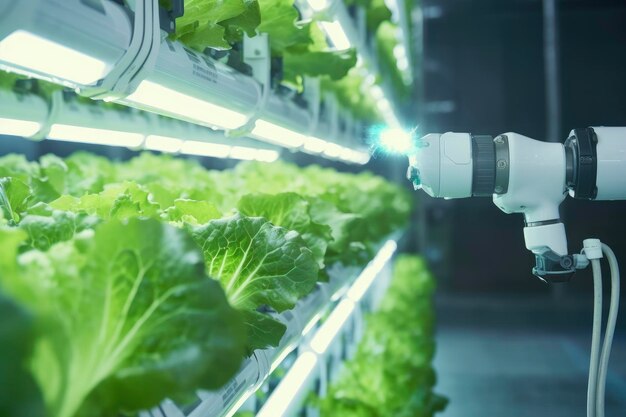 Automatic agricultural technology with closeup view of robotic arm harvesting lettuce in vertical hydroponic plant
