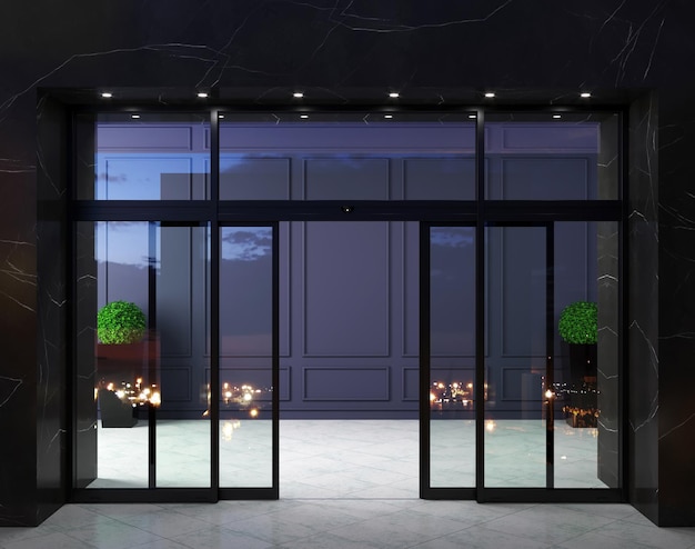 Automatic black sliding doors office facade mockup