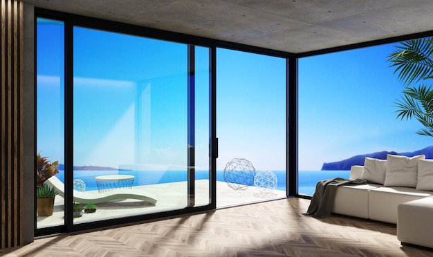 Mockup di facciata del patio della villa sul mare con porte scorrevoli nere automatiche