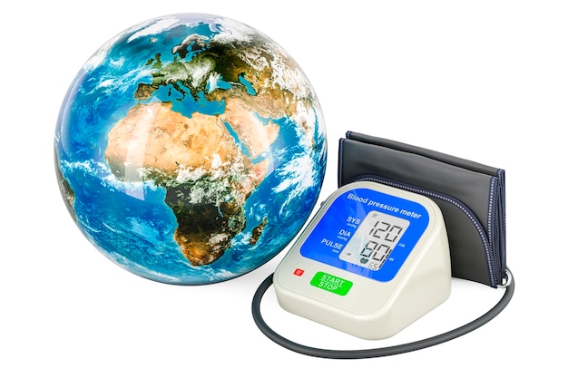 Automatic digital blood pressure monitor with earth globe 3d rendering