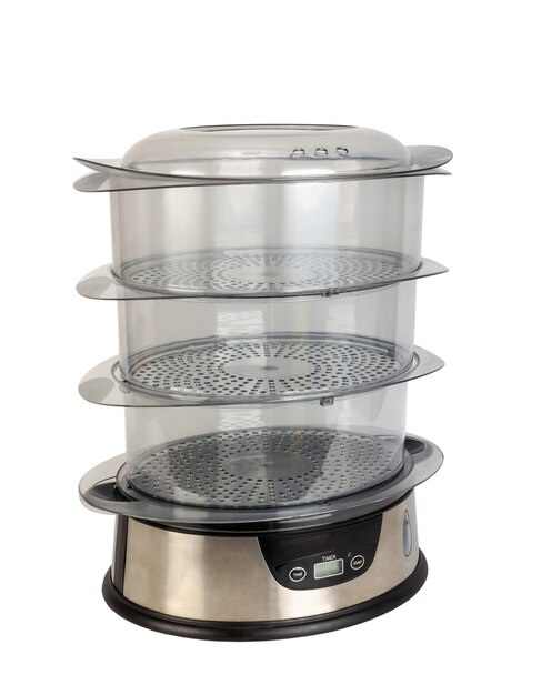 Automatic food steamer with three transparent containers isolated on a white background.