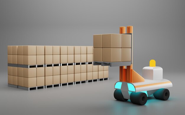 Automatic forklift stacks pallets with boxes autonomously Futuristic robot working in a warehouse