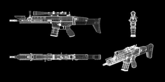 背景、ボディ構造、ワイヤーモデルの自動銃