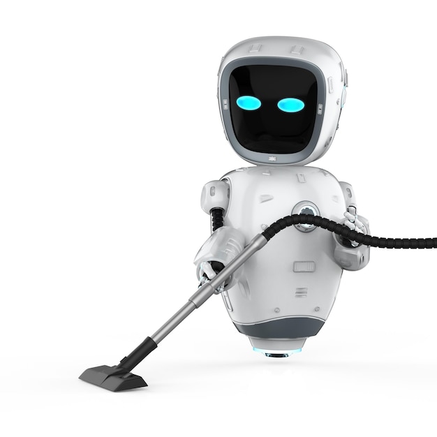 3d 렌더링 보조 로봇이 있는 자동 가정부 개념은 진공 청소기를 들고 있습니다.