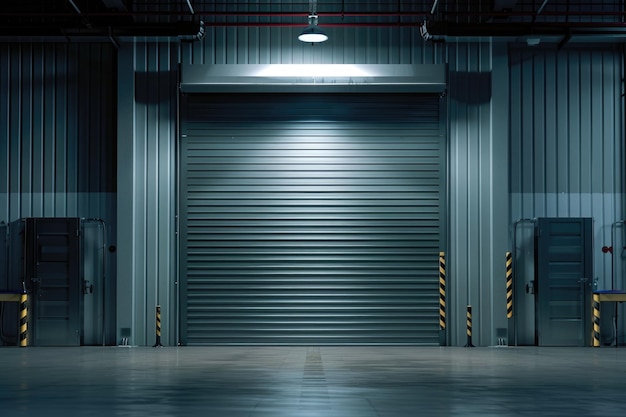 Automatic indoor roller door for warehouse security with granite wall background