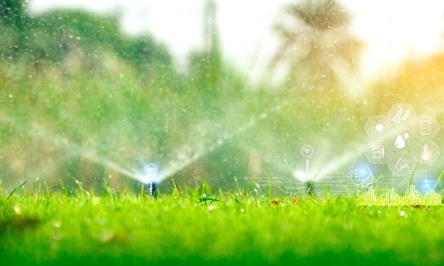 Irrigatore automatico per prato che annaffia l'erba verde e l'icona del concetto di agricoltura intelligente agricoltura intelligente