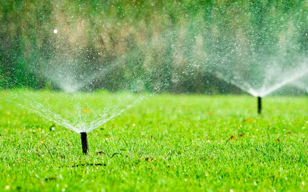 緑の草に水をまく自動芝生スプリンクラー。自動システム付きスプリンクラー。芝生に水をまく庭の灌漑システム。スプリンクラーシステムによる節水または節水。