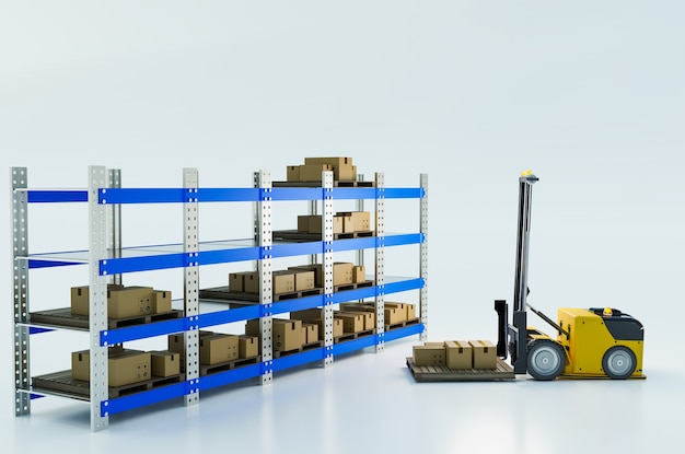 Automatic lifting vehicle working to lifting parcel box to warehouse shelf 3d illustration rendering