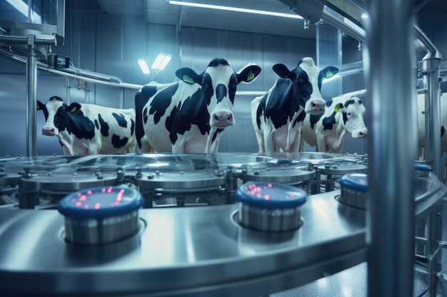 Photo automatic milking system for cows in modern dairy farm