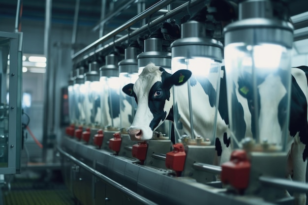 Photo automatic milking system for cows in modern dairy farm