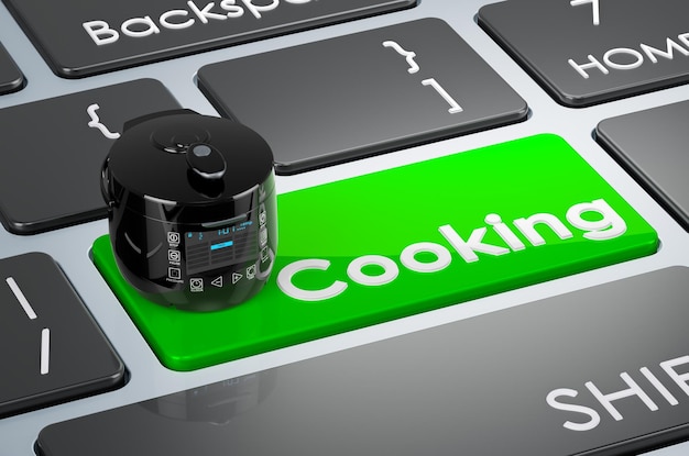 Automatic multicooker on keyboard Cooking green key 3D rendering