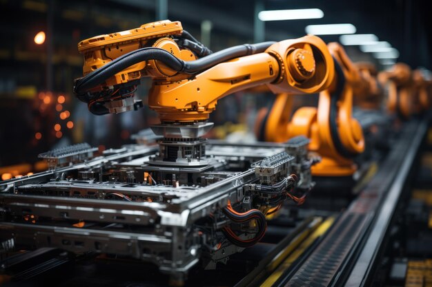 Automatic robotic arm assembly line Production of hightech green energy electric vehicles Automated construction building industrial production conveyor belt welding