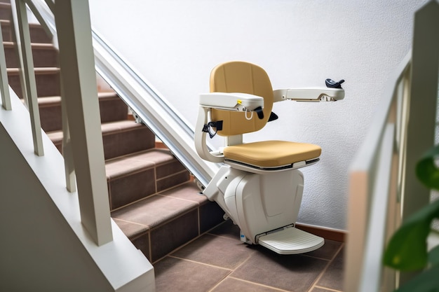 Automatic stair lift on staircase taking elderly people