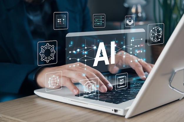 Automatic translation system concept businessman use mobile smartphone with virtual robot for artif
