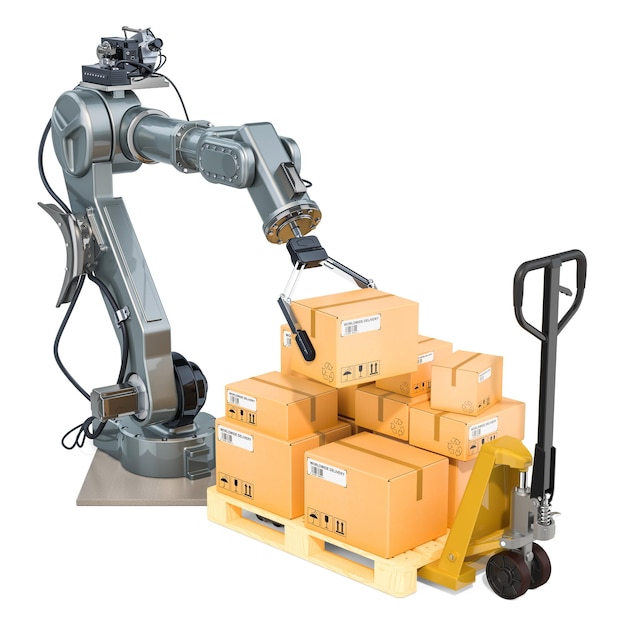 Photo automatic warehouse concept robotic arm put cardboard boxes on pallet truck 3d rendering