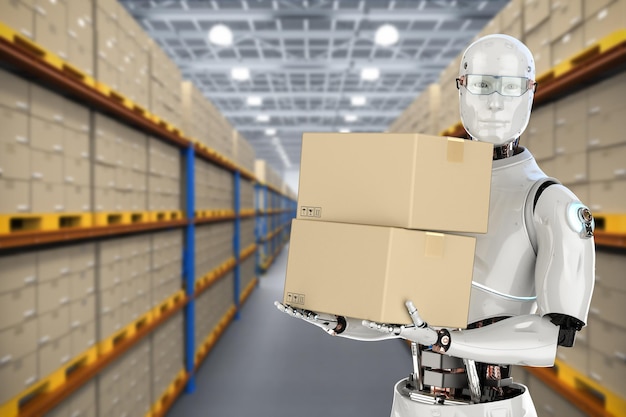 Automatic warehouse concept with 3d rendering automation robot work in warehouse