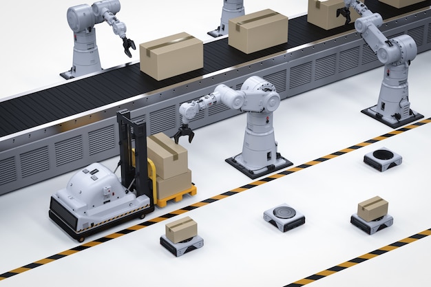 Automatic warehouse concept with 3d rendering robot arm with forklift truck and conveyor belt