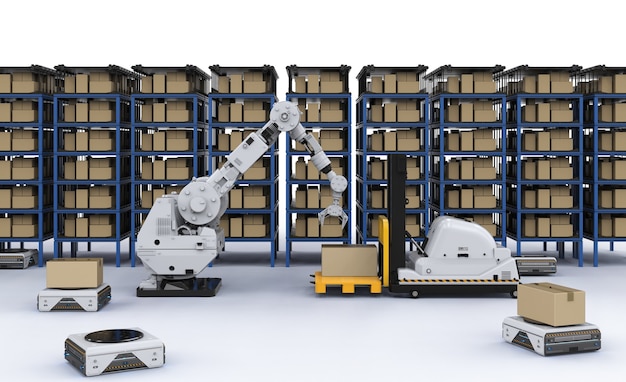 Automatic warehouse concept with 3d rendering robot arm with forklift truck and conveyor belt