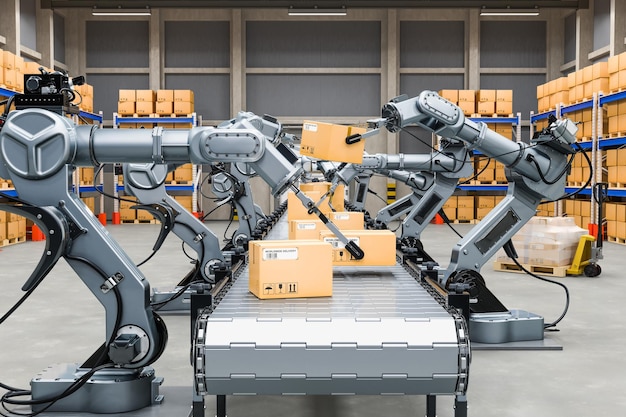 Автоматический склад с роботизированными руками 3D рендеринга