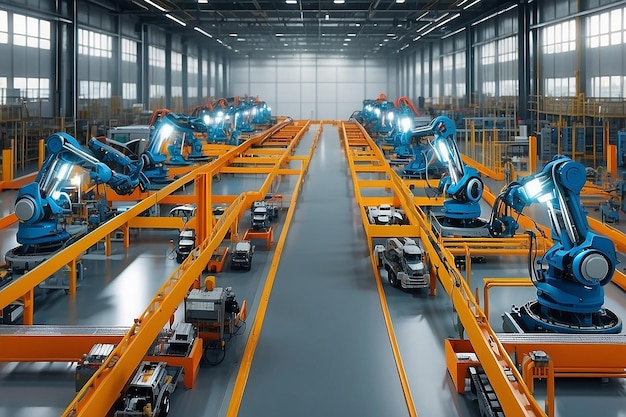 Foto automatizzazione della linea di assemblaggio di robot di rendering 3d per la produzione di camion elettrici