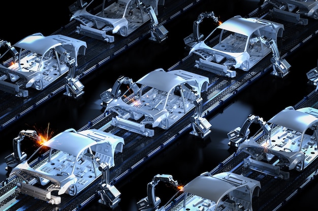 Automation aumobile factory concept with 3d rendering robot assembly line in car factory