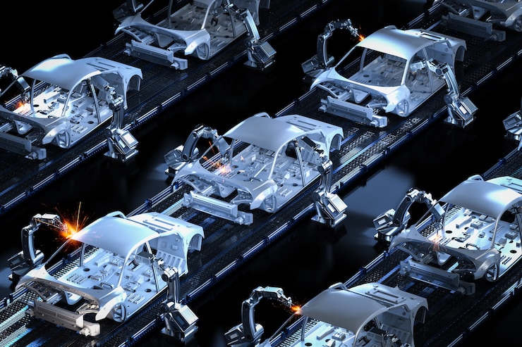 Photo automation aumobile factory concept with 3d rendering robot assembly line in car factory