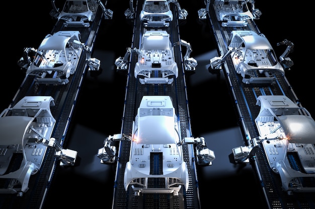 自動車工場の3Dレンダリングロボット組立ラインによる自動化自動車工場のコンセプト