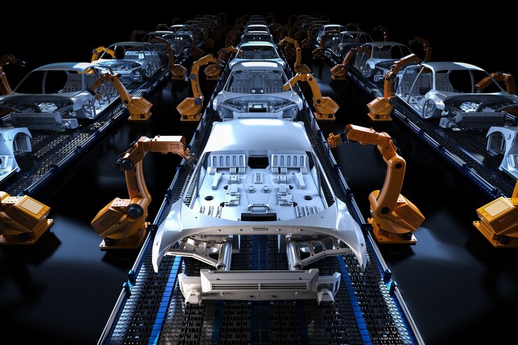Photo automation aumobile factory concept with 3d rendering robot assembly line in car factory
