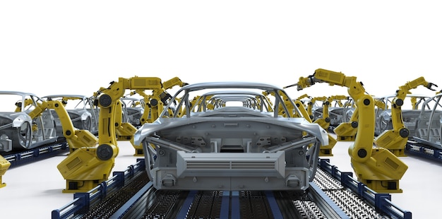 Automation aumobile factory concept with 3d rendering robot assembly line in car factory