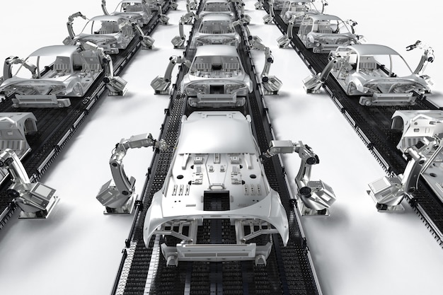 Automazione concetto di fabbrica aumobile con linea di assemblaggio robot di rendering 3d nella fabbrica di automobili