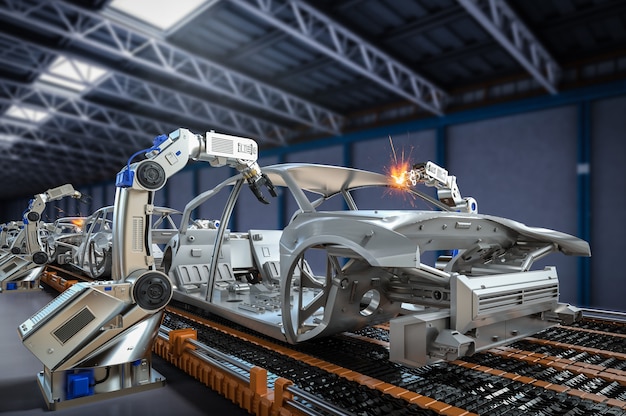 Foto automazione concetto di fabbrica aumobile con linea di assemblaggio robot di rendering 3d nella fabbrica di automobili