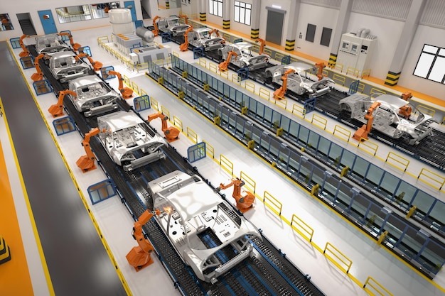 Automation automobile factory concept with 3d rendering robot assembly line in car factory