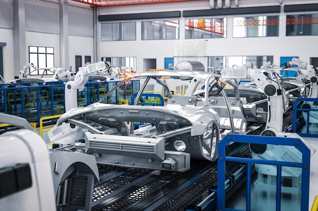 Automation automobile factory concept with 3d rendering robot assembly line in car factory