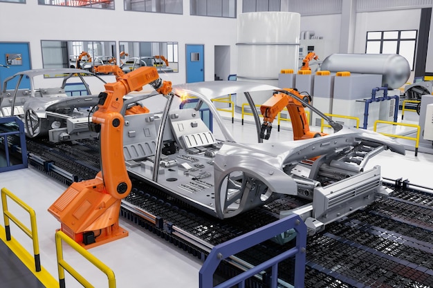 Foto concetto di fabbrica di automobili di automazione con linea di assemblaggio robot di rendering 3d nella fabbrica di automobili