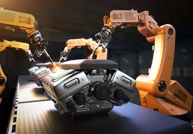 Концепция автоматизации автомобильного завода с 3d-рендерингом сборочной линии роботов с автомобильным двигателем или машиной на заводе