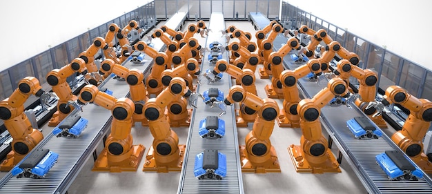 Concetto di fabbrica di automobili di automazione con linea di assemblaggio di robot di rendering 3d con motore di automobile o macchina in fabbrica