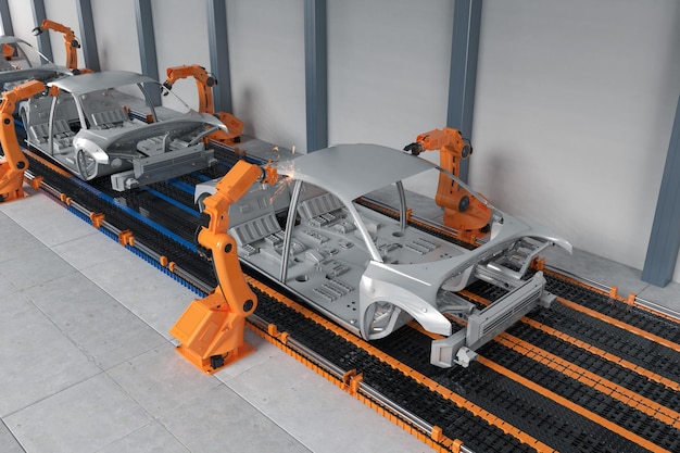 Automation automobile factory concept with robot assembly line\
in car factory