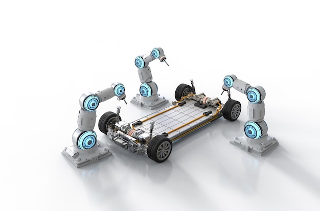 Automation automobile factory concept with robot assembly line and electric car battery cells module